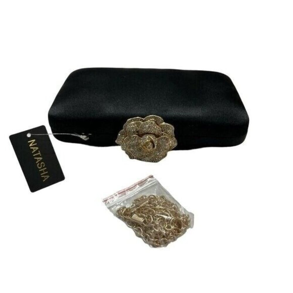 Natasha Black Satin Clutch Evening Bag Rhinestone Flower Chain Strap Formal‎